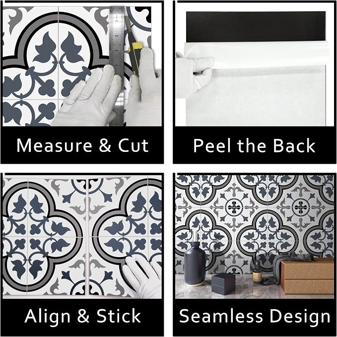 The Tiles Plaza Encaustic Peel and Stick Backsplash, Blue and White Patterned Vintage Stick on Tile, Stone Composite Self-Adhesive Wall Tile Sticker for Kitchen Bathroom Fireplace Stairs, 10 Sheets