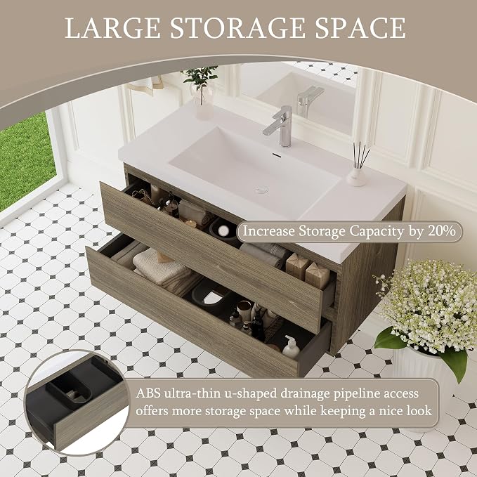 Floating Bathroom Vanity with Sink, 42" Wall-Mounted Bathroom Vanity | Resin Top Basin and Soft Close Drawers, No Assembly Required, Ash Grey