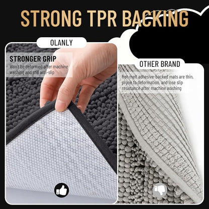 OLANLY Thick Bathroom Rugs 36x24, Chenille Striped Bath Rugs, Dark Grey | Rubber Backing, Machine Wash, Extra Soft Absorbent Bath Mats for Bathroom Floor, Tub and Shower, Home Decor Accessories