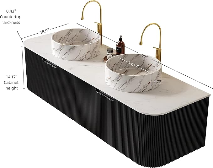 60'' Bathroom Vanities Cabinet with Sink, Wall Mounted Floating Cabinet W/Curved Edges Stripes, Oak Plywood, Soft-Close System with 2 Drawer & 2 White Round Ceramic Basin - Kiel, Black/S