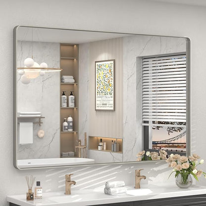 55x40 Inch Silver Brushed Nickel Bathroom Mirror for Wall | Rounded Rectangle, Silver Framed Bathroom Vanity Mirror, Anti-Rust, Shatterproof, Hangs Horizontally or Vertically
