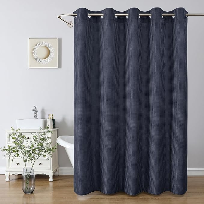 eachope No Hook Waffle Shower Curtain, No Liner Needed,71x74 Inch,Navy Blue | 100% waterproof TPU-laminated backing, magnetic weighted hem, machine washable, shower curtain set for bathroom or hotel use