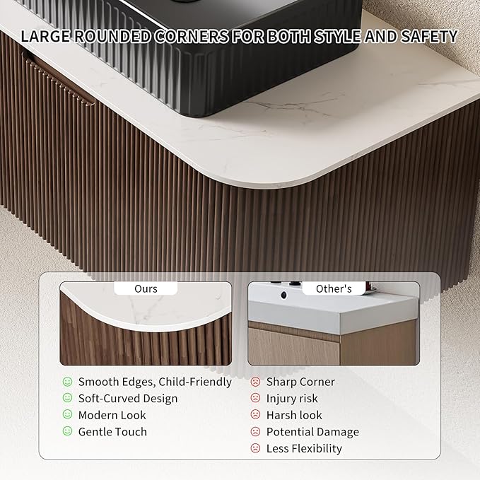 Yayzy 48" Floating Bathroom Vanity with Sink, Solid Wood Fluted Cabinet, Black Fluted Square Ceramic Basin & Faux Marble Top, Soft-Close Drawer, Pre-Assembled, Walnut Woodgrain