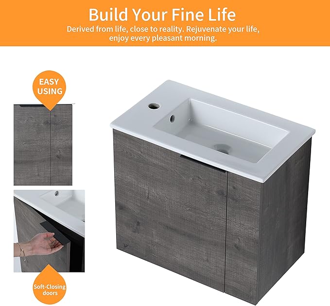 22" Floating Bathroom Vanity with Sink, 22 Inch Wall Mounted for Small Bathrooms, Soft-Close Door Cabinet with White Ceramic Basin & Waterproof Plywood, Modern Space Saving Vanity