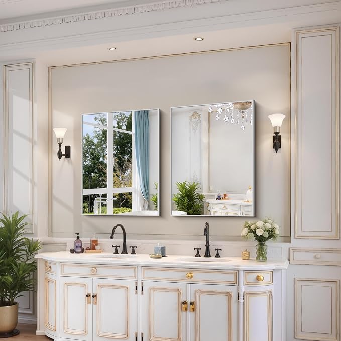 YIROMAN Bathroom Mirror 24"x32",Brushed Silver Bathroom Mirror for Over Sink with Aluminum Frame, Rectangular Vanity Mirror with Right Angle, Wall Mirror Hangs Horizontal or Vertical