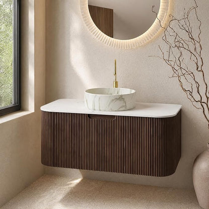 36 Inch Bathroom Vanity with Sink, Floating Wall Mounted Single Sink Vanity, Dark Walnut Curved Fluted Front, Stone Top, Marble-Look Round Vessel Basin, Pre-Assembled