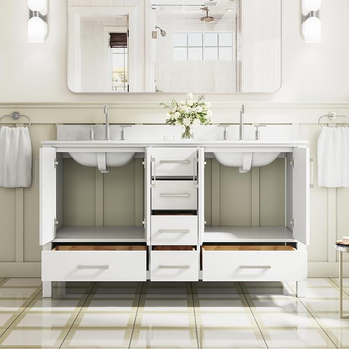 60-Inch Bathroom Vanity with Sink, 4 Soft-Close Doors and 6 Soft-Close Drawers, Bathroom Freestanding Vanity with Cultured Marble Countertop, White Vanity with Brushed Nickel Handles