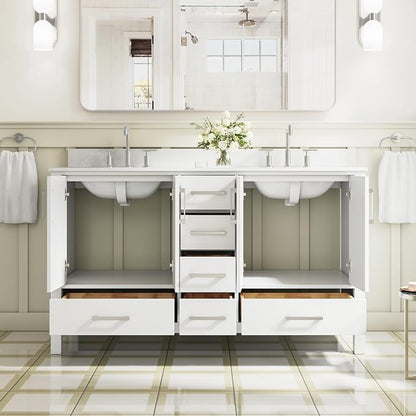 60-Inch Bathroom Vanity with Sink, 4 Soft-Close Doors and 6 Soft-Close Drawers, Bathroom Freestanding Vanity with Cultured Marble Countertop, White Vanity with Brushed Nickel Handles