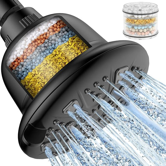 MakeFit Filtered Shower Head Matte Black- High Pressure Shower Head with filter for Hard Water - Rain Shower Head Water Softener - Luxury 7 Settings Adjustable Water Filter Showerhead (Matte Black)