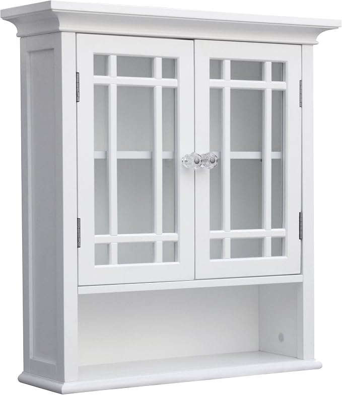 Teamson Home Neal Wooden Over The Toilet Bathroom Removable Wall Medicine Cabinet with 1 Fixed and 1 Adjustable Shelf 3 Storage Spaces 2 Glass Mosaic Doors and Crystal-Cut Acrylic Knobs, White | Detachable Over the Toilet Storage, Two Doors, Adjustable...