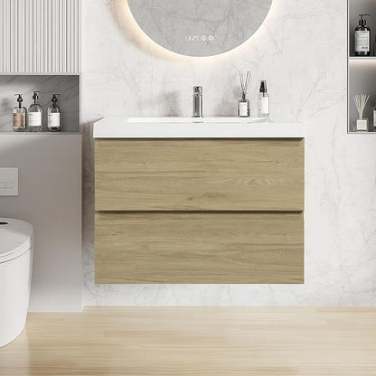 30 Inch Floating Bathroom Vanity with Sink, Large Storage Wall Mounted Floating Vanity with Soft Close Drawers, One-Piece Basin Bathroom Sink Cabinet (Natural Oak, 30")