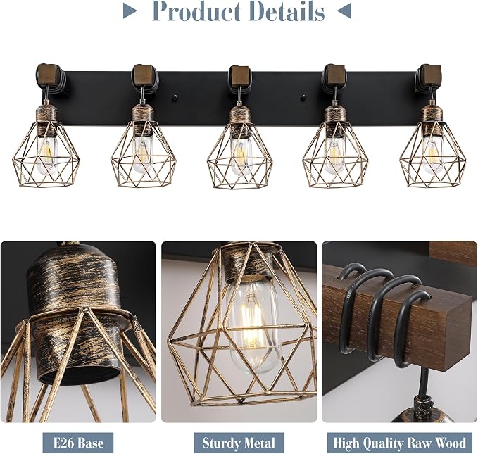 VbiTmn Black Gold Bathroom Light Fixtures, 5-Light Farmhouse Vanity Light | Wood Vanity Lights, Rustic Wall Mount Over Mirror for Bedroom & Hallway, Easy to Install, Sturdy Build for Bathroom Use