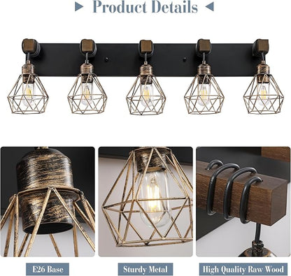VbiTmn Black Gold Bathroom Light Fixtures, 5-Light Farmhouse Vanity Light | Wood Vanity Lights, Rustic Wall Mount Over Mirror for Bedroom & Hallway, Easy to Install, Sturdy Build for Bathroom Use