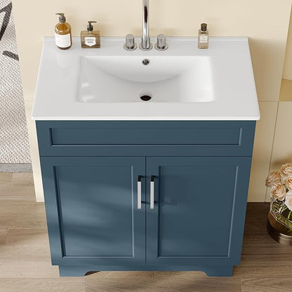 OLD CAPTAIN Bathroom Vanity with Ceramic Sink, 30" Freestanding Bathroom Cabinet Vanity with Storage, Quick Assembly Vanities Cabinet with Sink, Blue