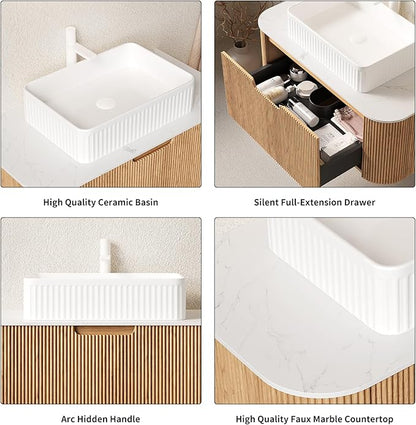 Yayzy 60" Floating Bathroom Vanity with Sink, Solid Wood Fluted Cabinet, White Fluted Square Ceramic Basin & Faux Marble Top, Soft-Close Drawer, Pre-Assembled, Natural Woodgrain
