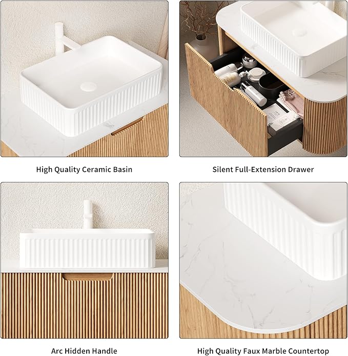 Yayzy 36" Floating Bathroom Vanity with Sink, Solid Wood Fluted Cabinet, White Fluted Square Ceramic Basin & Faux Marble Top, Soft-Close Drawer, Pre-Assembled, Natural Woodgrain