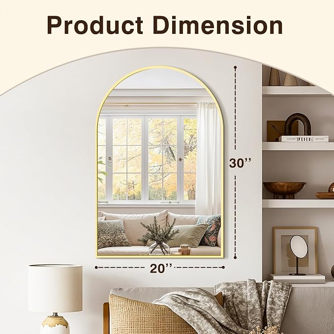 Arched Bathroom Vanity Mirror for Over Sink, 30”x20”, Gold | HD Tempered Glass, Anti-Rust Metal Frame, Hanging or Leaning, Wall Mirrors for Bathroom Sink, Bedroom, Living Room, Entryway