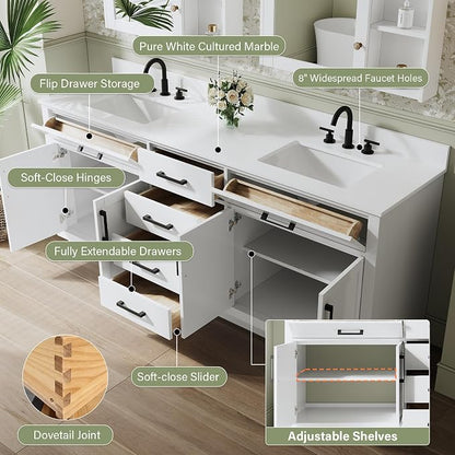 80-Inch Bathroom Vanity with Double Sinks W/ 4 Doors & 4 Drawers & 2 Flip Drawers, White Vanity W/Matte Black Handles