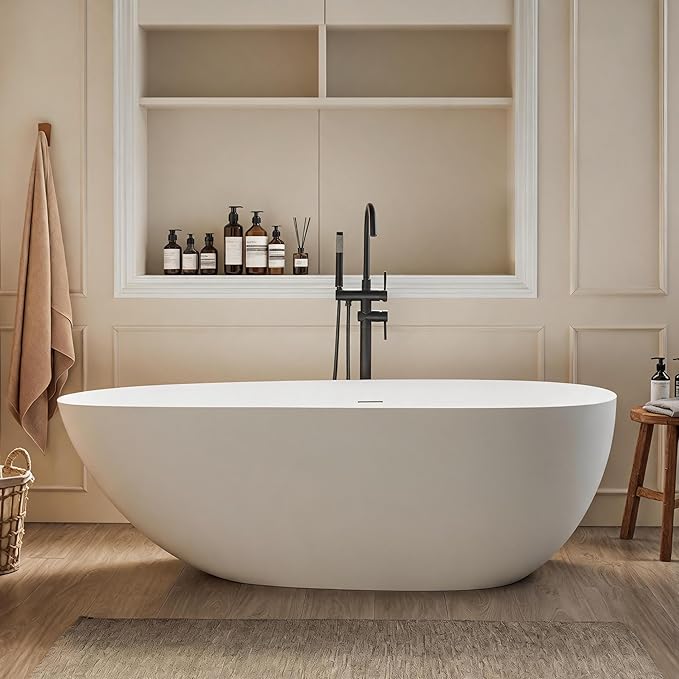 67" Freestanding Bathtub, Solid Surface Soaking Tub - Oval Egg Shell Stone Resin with Pop-Up Drain & Overflow, CUPC Certified Matte White Deep Soaking Tub with Ergonomic Design for Luxury Bathroom