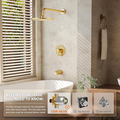 Tub Shower Faucet, Gold Shower Faucet Set with 10" Shower Head | All-Metal Bathroom Rainfall Showerhead and Bathtub Spout, Single-Handle Wall Mounted Tub Shower-Trim Kit Included Valve