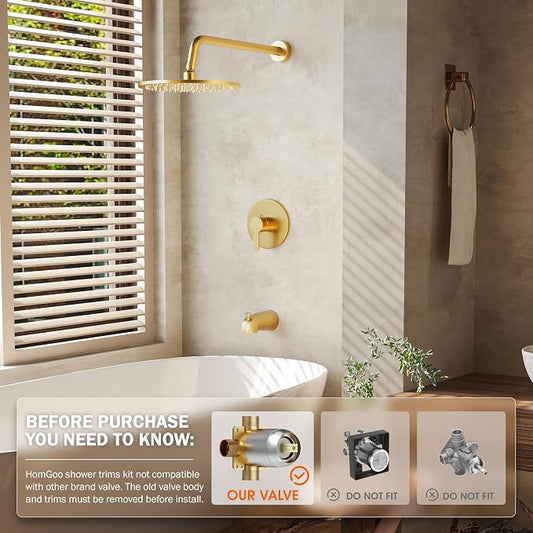 Tub Shower Faucet, Gold Shower Faucet Set with 10" Shower Head | All-Metal Bathroom Rainfall Showerhead and Bathtub Spout, Single-Handle Wall Mounted Tub Shower-Trim Kit Included Valve
