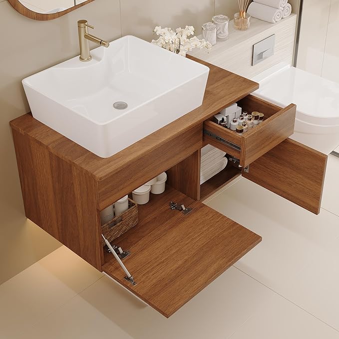 31.5" Floating Bathroom Vanity with Sink and Drawer, Soft Closing, Solid Wood Mid Century Modern Single Bathroom Vanity Cabinet with Storage, Wall Mounted (Walnut)