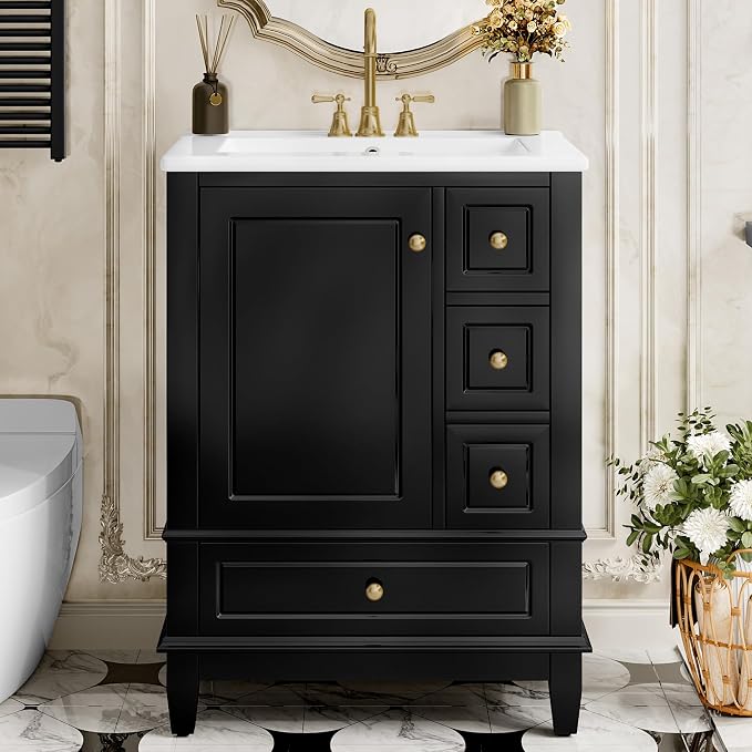 24" Vanity with Sink, Small Bathroom Vanities 24 Inch with Sink, Single Sink Bathroom Vanity with Door Shelf and Three Drawers, Restroom Vanity with Sink Top (Black)