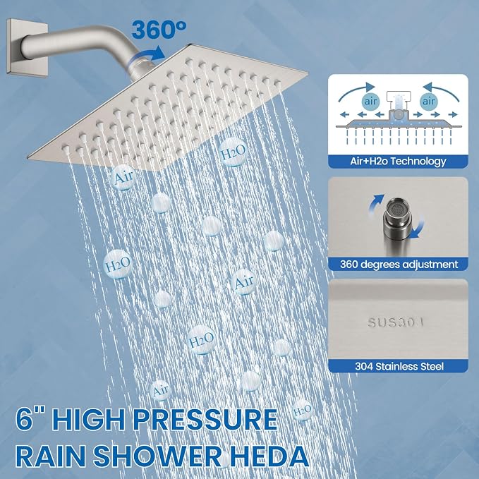 Airuida Shower Faucet Set,6 Inch Shower Valve Kit,Brushed Nickel | Male Threads,Rough-in Valve Shower Trim Kit,Single Handle Control Shower Set