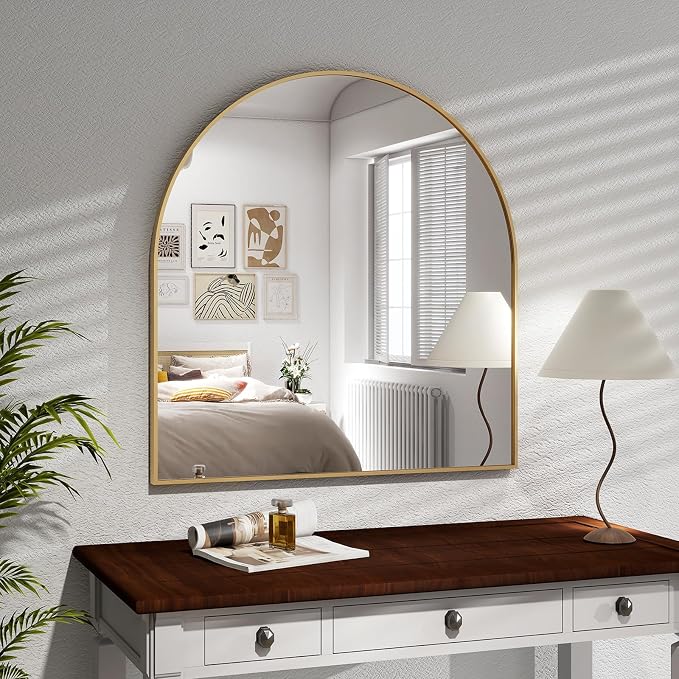 XRAMFY Arched Bathroom Mirror 32" x 34" for Bathroom Vanity Mirror or Wall Decor Gold Arch Mirror Aluminum Alloy Frame Wall Mounted Mirror for Living Room Bedroom Entryway