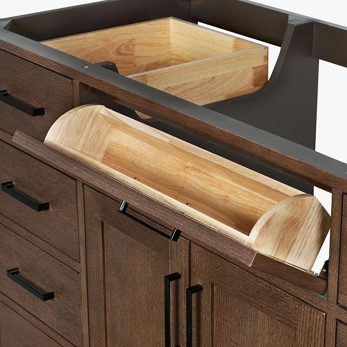 ARIEL Hepburn 60-inch Bathroom Vanity with Sink,Solid Wood, 1.5-inch Carbon Black Quartz Countertop, Double Rectangular Porcelain Sink, Soft Closing Doors, Dovetail Drawers, Brown Oak
