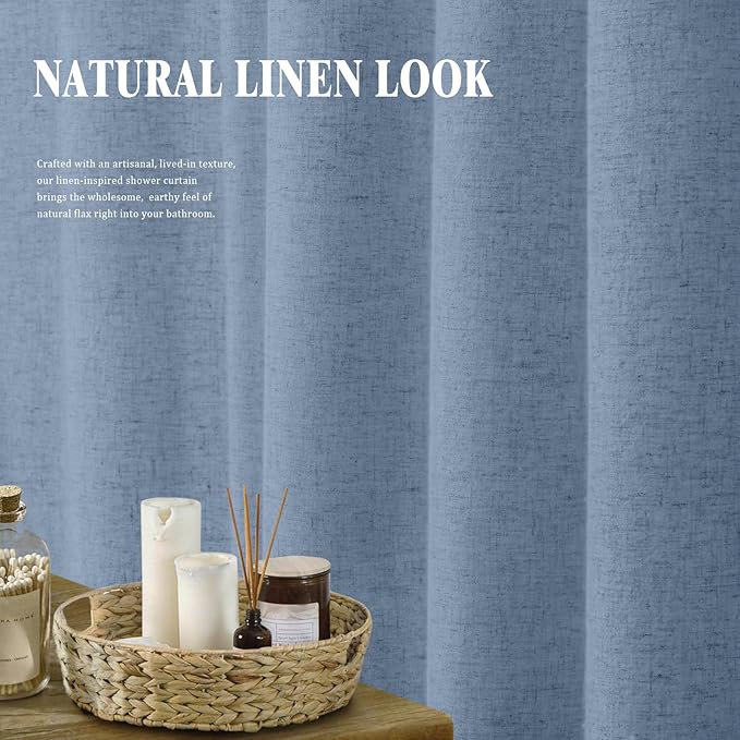 Linen Shower Curtain Flax Blue Grey, Fabric Boho Farmhouse Shower Curtains for Bathroom Cotton Natural Cloth Liner Set 72" W x 72" L