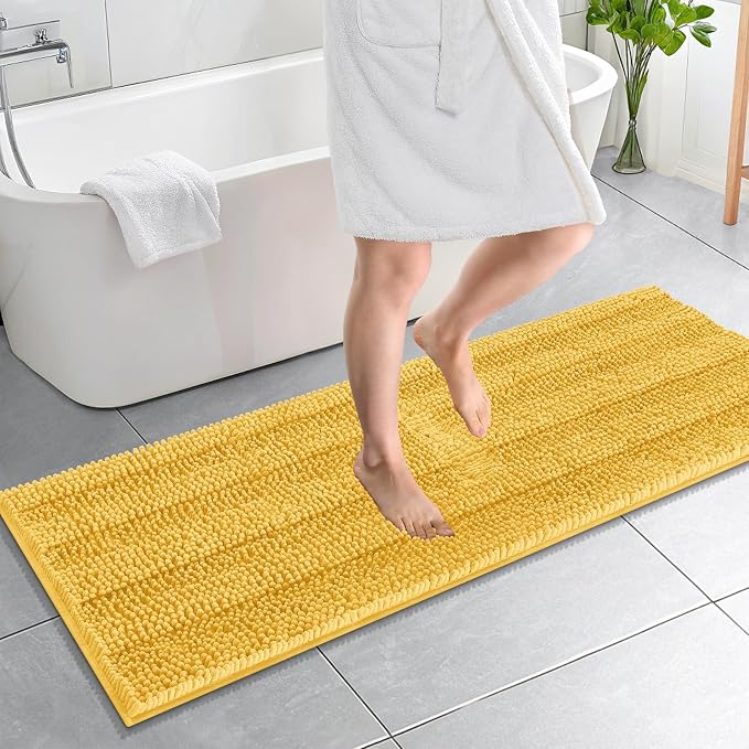 OLANLY Thick Bathroom Runner Rugs 59x20, Chenille Long Bath Rugs, Yellow | Soft Absorbent Striped, Rubber Backing, Machine Wash, Bath Mats for Bathroom Floor, Tub and Shower, Home Decor Accessories