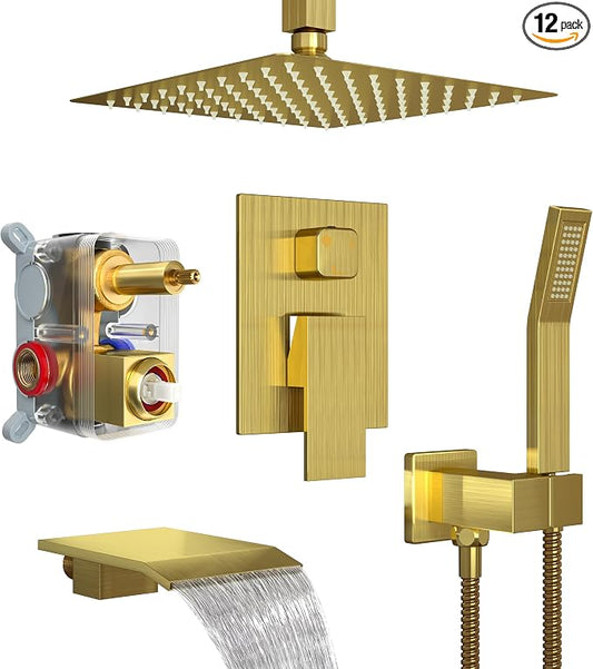 Shower System with 10-Inch Rain Head and Tub Spout | All-Metal Tub Shower Faucet Set, Ceiling Mount Rain Showerhead, Handheld Spray, Includes Valve and Trim Kit, Brushed Gold