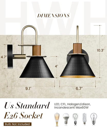 Modern Wall Sconces Set of Two, HWH Industrial Sconce Wall Lighting Indoor Wall Lamp, 1-Light Barn Vanity Light, Hammered Metal Shade, Black and Gold Finish, 5HZG74B-2 BK+BG
