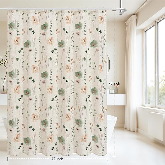 Sage Green Linen Watercolor Floral Fabric Shower Curtain, 72x78 | Linen Fabric, Modern Minimalist Floral Print, Machine Washable, Rustproof Grommets, for Bathroom Home