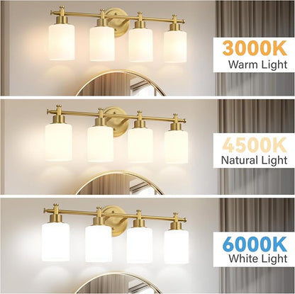 23'' 4-Light Bathroom Vanity Light, Brushed Gold Vanity Light Fixture | Modern Gold Wall Sconce with White Glass Shade, Anti-Rust Vanity Light for Bathroom over Mirror/Sink (E26, Bulb Not Include)
