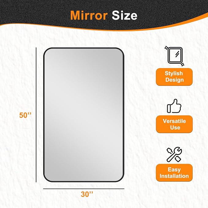 Bathroom Vanity Mirror, Black Framed Mirror for Over Sink, 55x30 | HD glass, distortion-free for makeup and grooming, Sturdy frame, all mounting hardware, hangs horizontal or vertical