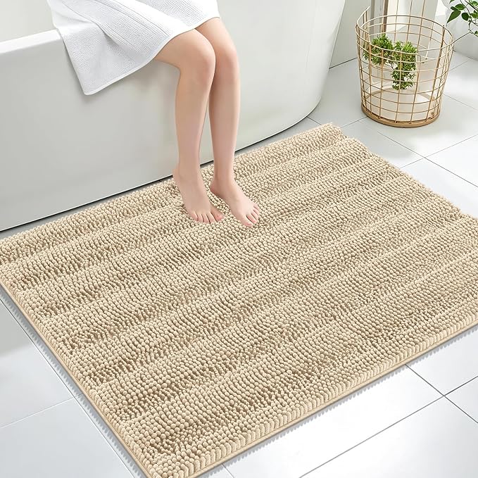 OLANLY Thick Large Bathroom Rugs 40x32, Soft Chenille Bath Rugs, Beige | Absorbent Striped, Rubber Backing, Machine Wash Dry, Bath Mats for Bathroom Floor, Tub and Shower, Home Decor Accessories
