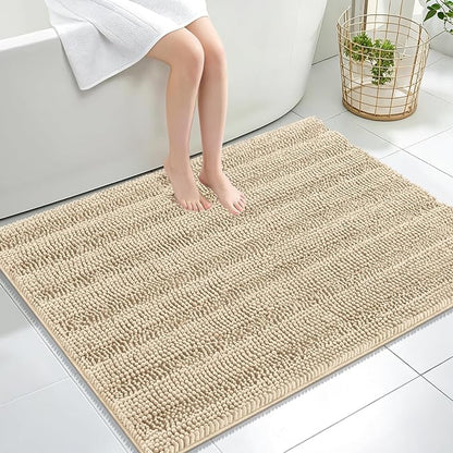 OLANLY Thick Large Bathroom Rugs 40x32, Soft Chenille Bath Rugs, Beige | Absorbent Striped, Rubber Backing, Machine Wash Dry, Bath Mats for Bathroom Floor, Tub and Shower, Home Decor Accessories