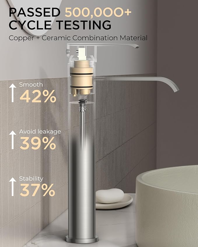FORIOUS Waterfall Bathroom Vessel Sink Faucet Brushed Nickel Single Hole | Waterfall Brushed Nickel Tall Bathroom Faucet 1 Hole, Silver Bathroom Sink Faucet for Vessel Sink with Drain and Supply Line
