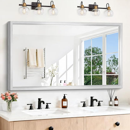 36x60 inch Brushed Silver Bathroom Mirror, Large Rectangular Mirror for Wall, 0.6" Thickened Deep Frame Mirrors for Bathroom Sink, Shatterproof Tempered Glass, Antirust, Horizontally/Vertically