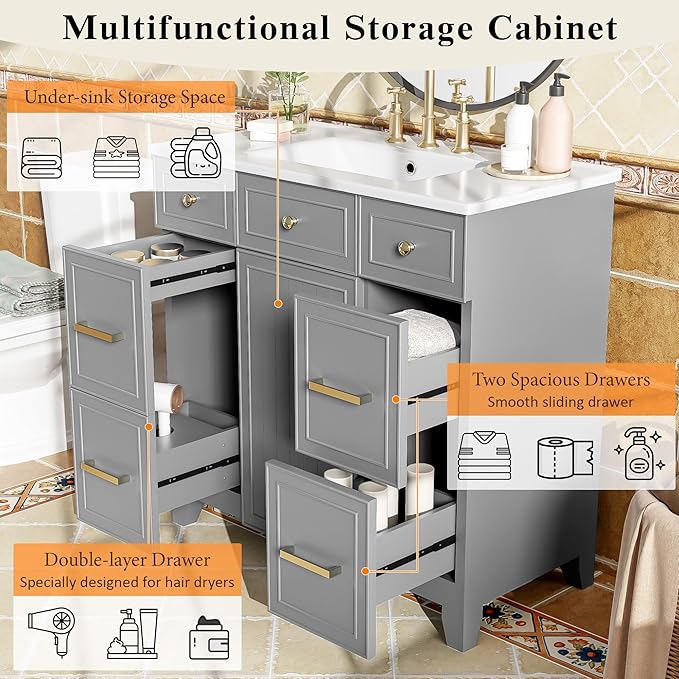 LUMISOL 36" Bathroom Vanity with Sink Top, Modern Bathroom Vanities with 3 Drawers & Cabinet, Solid Wood Bathroom Cabinet with Undermount Basin Sink, Grey
