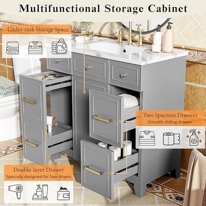 LUMISOL 36" Bathroom Vanity with Sink Top, Modern Bathroom Vanities with 3 Drawers & Cabinet, Solid Wood Bathroom Cabinet with Undermount Basin Sink, Grey