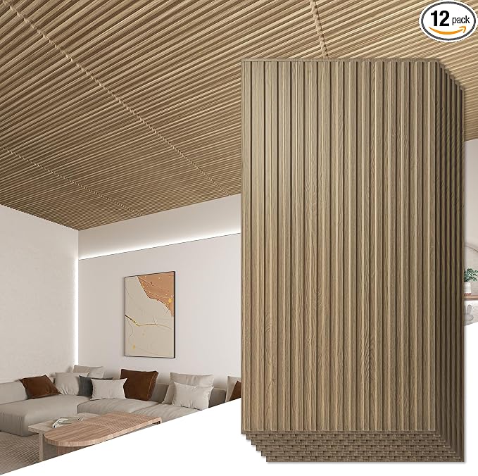 Art3d Fluted Slat 3D Wall Panels, Drop Ceiling Tiles, 12-Pack, Walnut | 24" x 48" , Lightweight, Break-Proof, Compatible with Grid System, Ideal for Home, Commercial Spaces