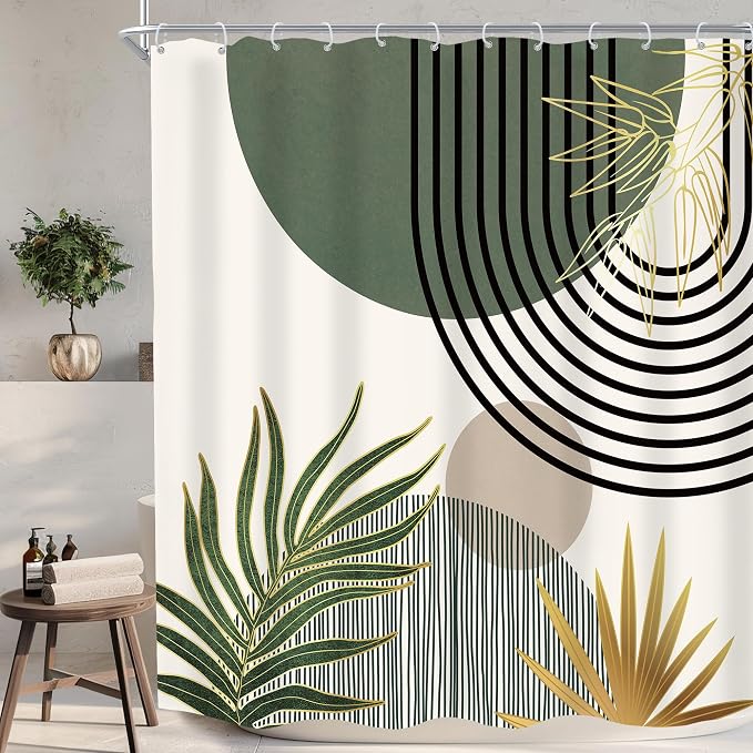 Mid Century Dark Green Boho Abstract Modern Bathroom Shower Curtain Set | 72Wx72L S Gold design, waterproof HD print with fast-drying fabric and 12 hooks.