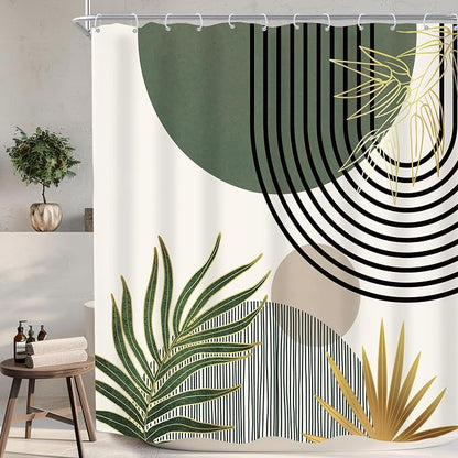 Mid Century Dark Green Boho Abstract Modern Bathroom Shower Curtain Set | 72Wx72L S Gold design, waterproof HD print with fast-drying fabric and 12 hooks.