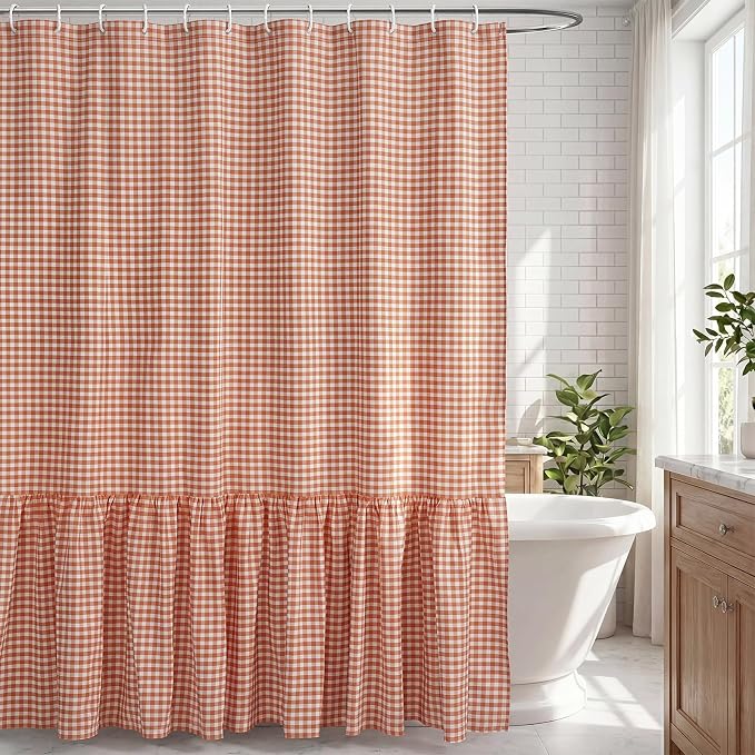 HunnmingRe Ruffle Hem Gingham Shower Curtain, Orange Farmhouse | Waterproof Fabric for Bathroom, Machine Washable, Standard Size Fits Most Tubs, Farmhouse Cottage Style Decor