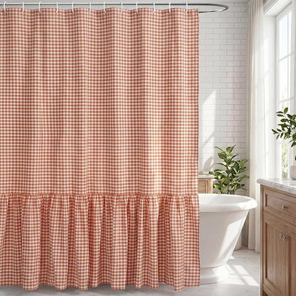 HunnmingRe Ruffle Hem Gingham Shower Curtain, Orange Farmhouse | Waterproof Fabric for Bathroom, Machine Washable, Standard Size Fits Most Tubs, Farmhouse Cottage Style Decor
