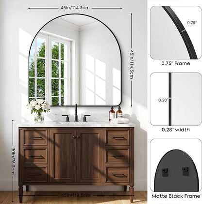 BONEWEI Arched Wall Mirror,45x45 inch Black Arched Mirror Bathroom,Large Vanity Mirror for Over Sink Metal Frame,Tempered Glass Arch Mirrors for Bedroom,Entryway,Living Room,Home Decor Shatter-Proof