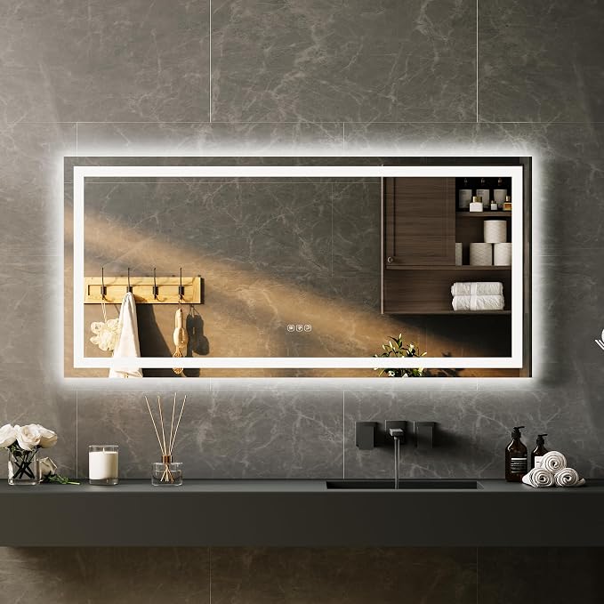LED Bathroom Mirror 55 x 26 inch, Lighted Bathroom Vanity Mirror with Front Light and Backlit LED, Frameless Wall Mounted Bathroom Mirror with Adjustable Color Temperature